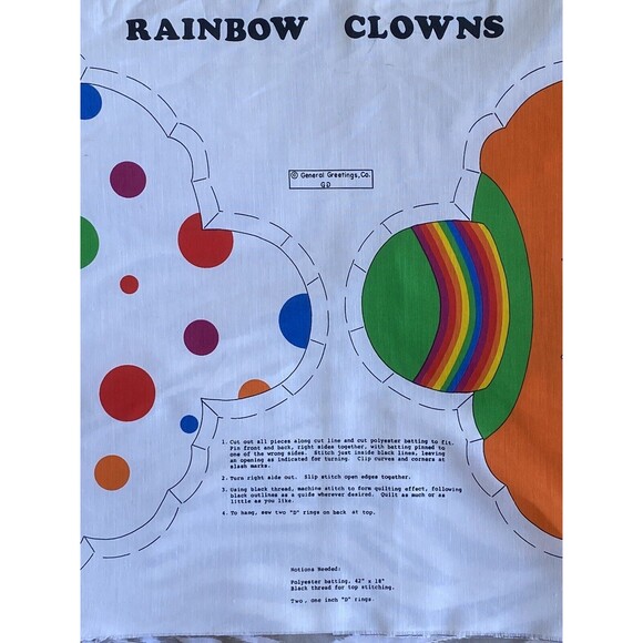 Vintage Rainbow Clown Fabric Panels Cut Sew Pillow Plush Doll Cotton - Picture 3 of 5